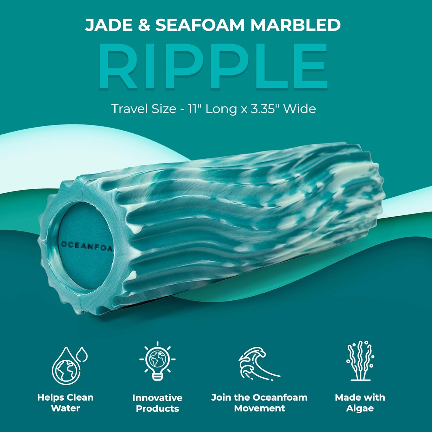 Oceanfoam Ripple Travel Foam Roller (11" x 3.35") Firm Mini Foam Roller for Physical Therapy, Deep Tissue Massage, Back Pain - High Density, Wave Textured - Yoga, Exercise (Jade & Seafoam Marbled) - Image 3