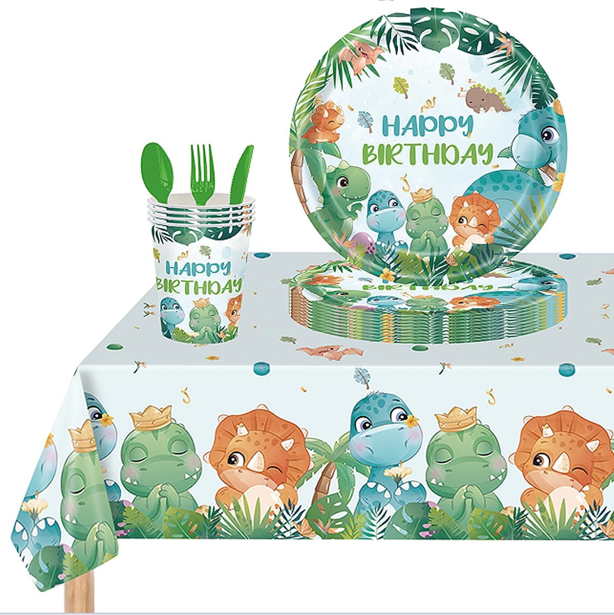 134 Pcs Watercolor Dinosaur Party Supplies Decorations, Disposable Dinosaur Party Tableware for Kids Boys Birthday Includes Dinner Dessert Plates Napkins Straw Tablecloth Forks Cups, Serves 16 Guests - Image 3
