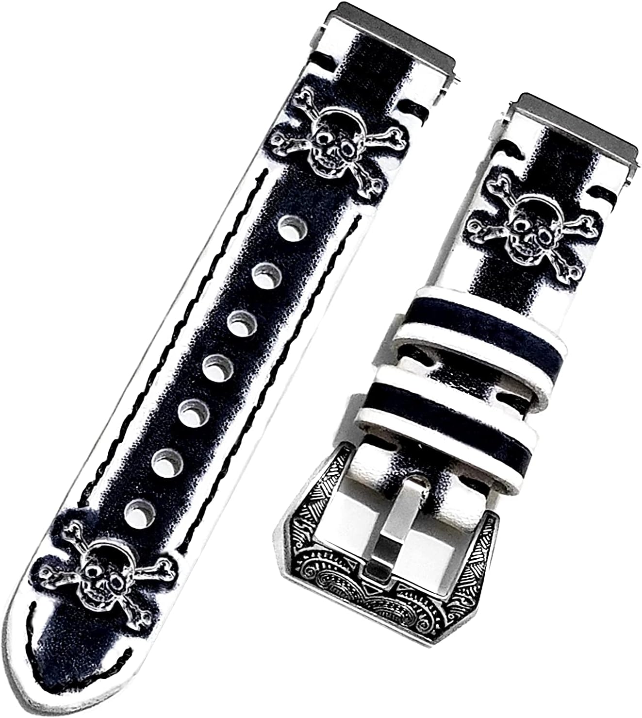 White and Black Skull Crossbones Band Compatible with Fitbit Versa 2 and Versa, Lite and Special Edition Embossed Brushed Genuine Leather Strap