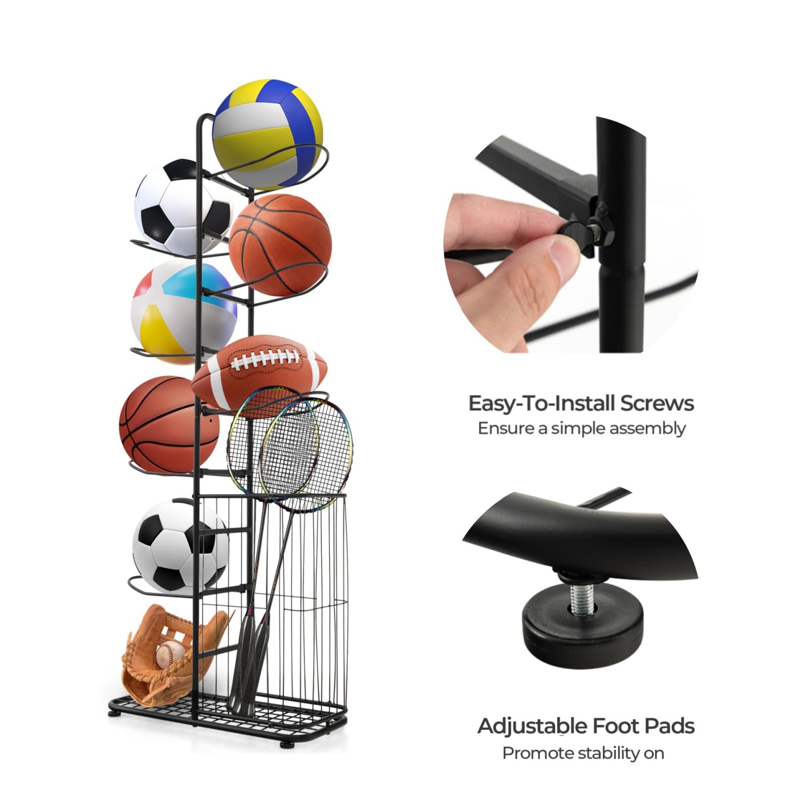 LIFEZEAL Estante para Pelota de 7 Niveles, Balonera de Metal, Soporte de Baloncesto con Cesta Lateral, Soporte para Equipamiento Deportivo para Garaje, Casa, Gimnasio