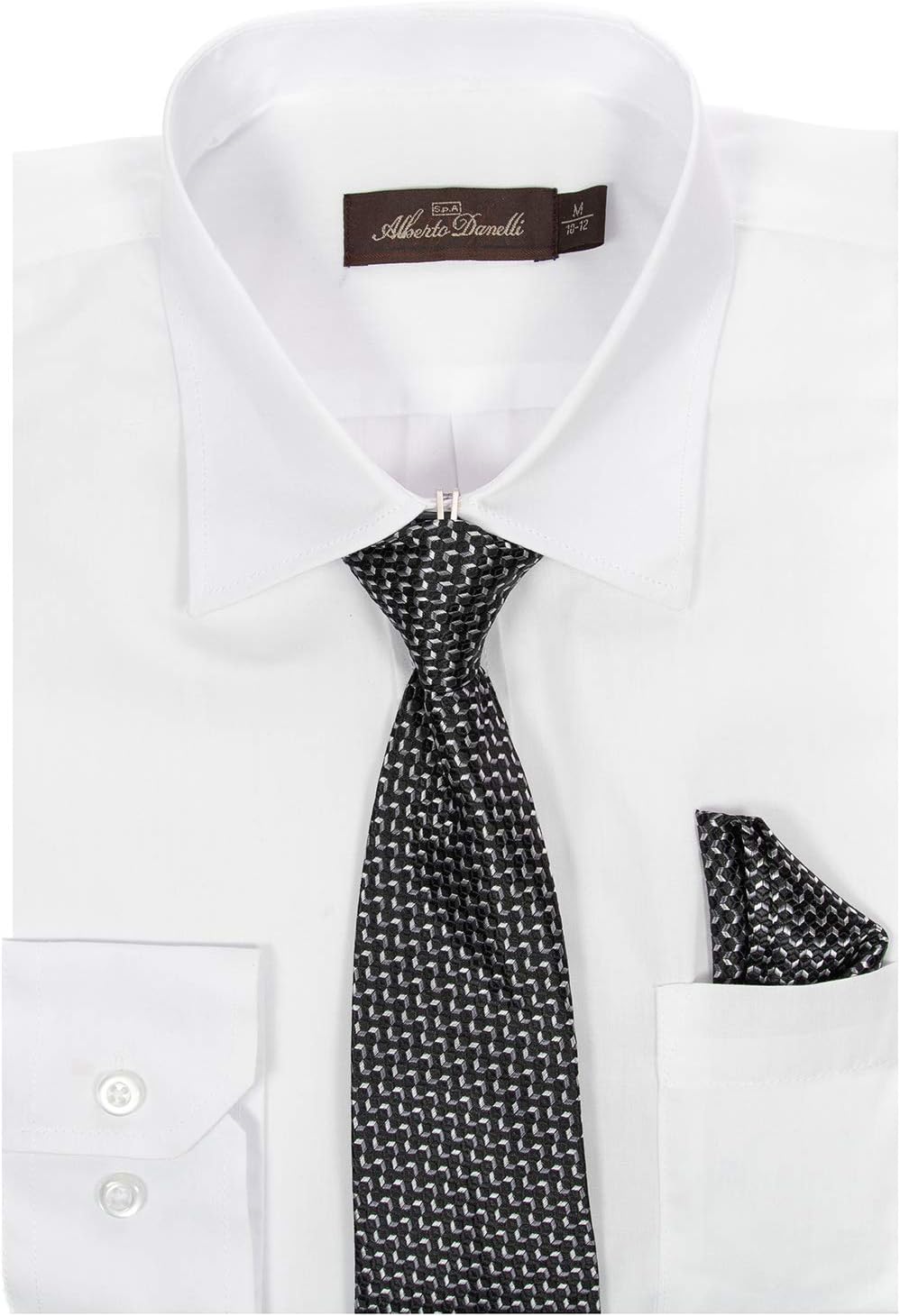 Alberto Danelli Boys Dress Shirt with Matching Tie and Handkerchief, Long Sleeve Button Down, Pocket