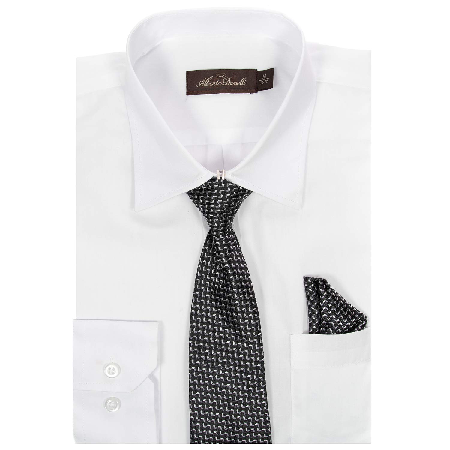 Alberto Danelli Boys Dress Shirt with Matching Tie and Handkerchief, Long Sleeve Button Down, Pocket