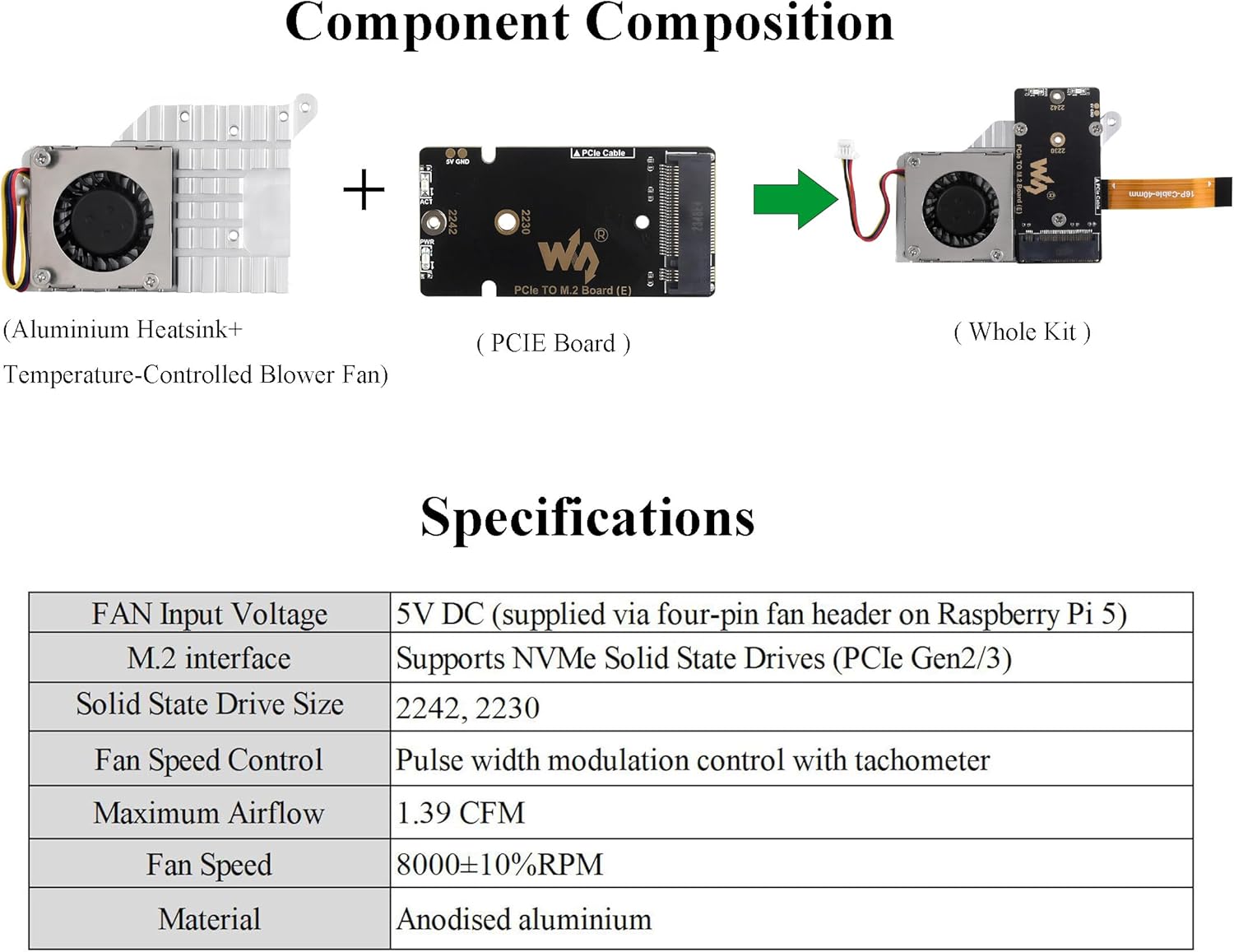 PCIe to M.2 Adapter Board for Raspberry Pi 5, with Cooling Fan and Aluminium Heatsink,Support 2242/2230 Size NVMe M.2 SSD, 8Gbps Data Rate, Pi 5 NVMe HAT Support Gen2 and Gen3 Modes