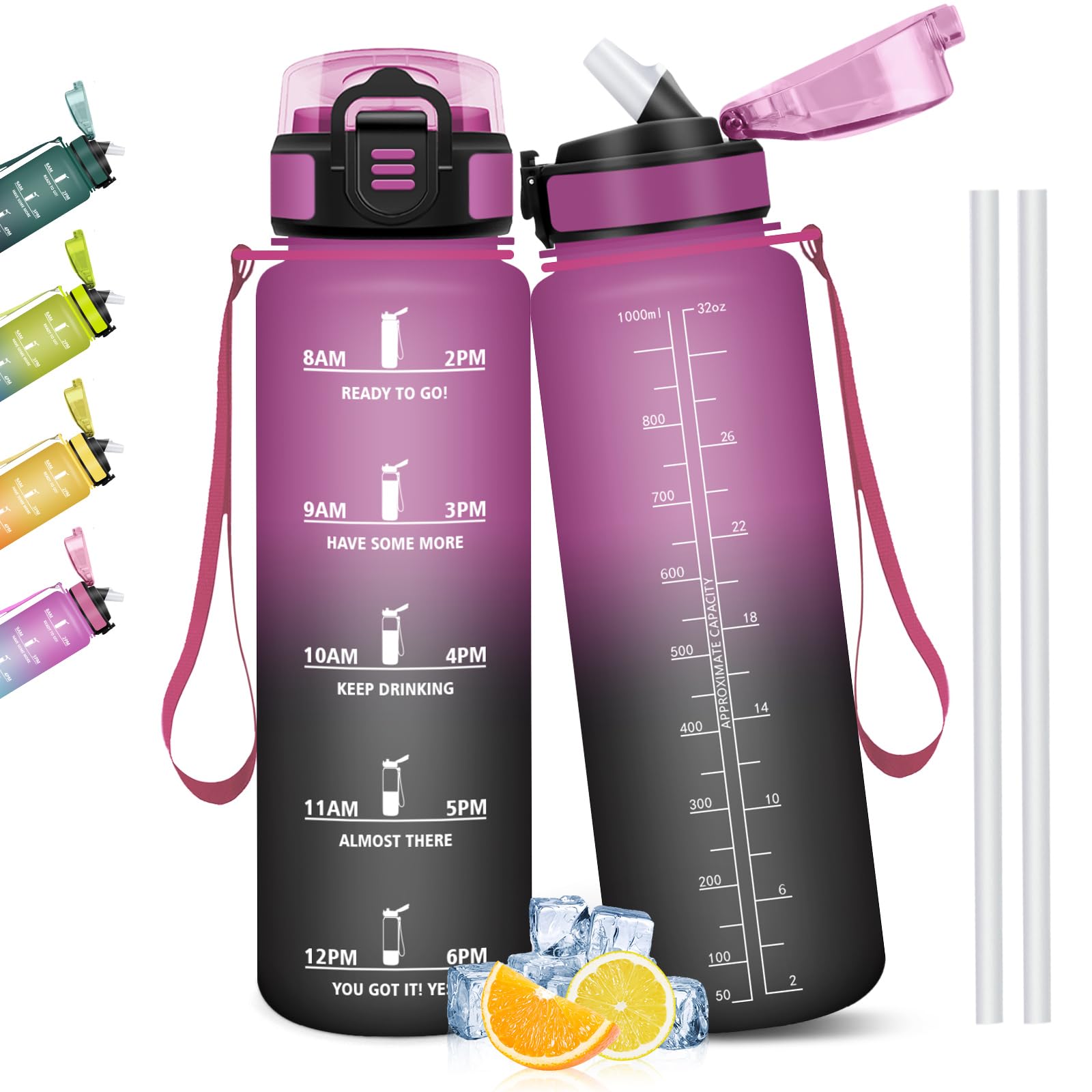 Mulbijeo Botellas de Agua, 1 Litro BPA Free, Botella Gimnasio, con Escala de Tiempo Motivacional, Cantimplora, Reutilizable, Garrafa de Agua, Ideal para Escuela, Oficina, Deporte, Botella con Pajita — view 25