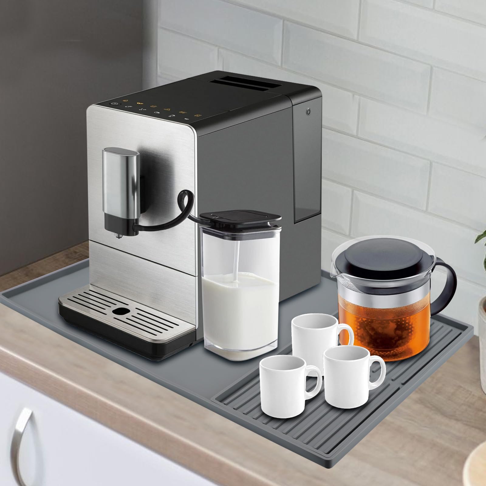Tappetino Macchina Caffe, Antiscivolo Silicone Tappetino per Macchina da Caffè Tappetino in Silicone per Caffè con Bordo Rialzato, per Bar Piani Cucina Uffici e Tavoli da Pranzo (Grigio)