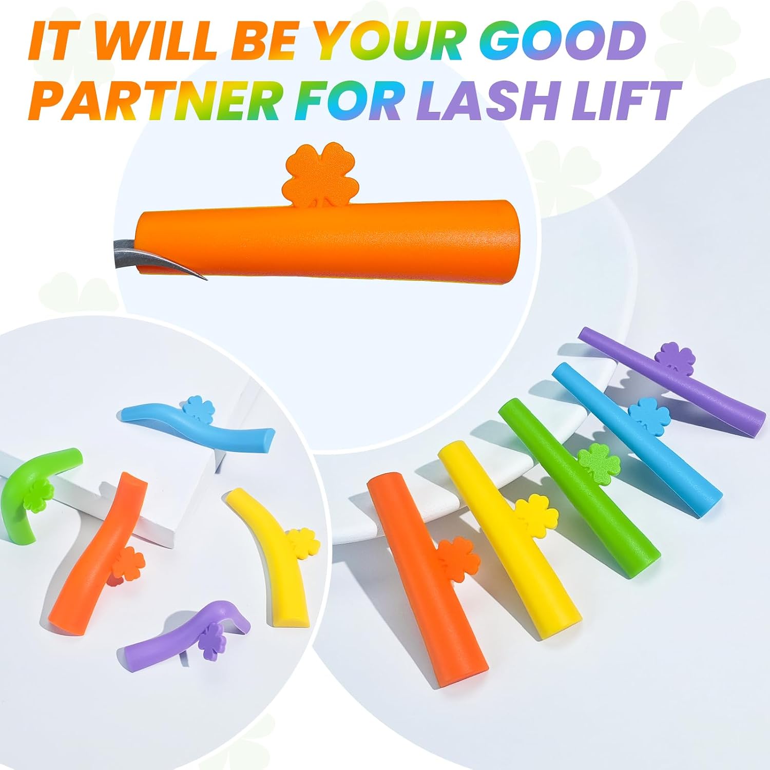 Libeauty Adjustable Lash Lift Rods, Flexible Lucky Clover Silicone Lash Lift Shields with Internal Shaping Wire, Rainbow Eyelash Perming Rods for All Eye Shapes, with Storage Case, 5 Pairs