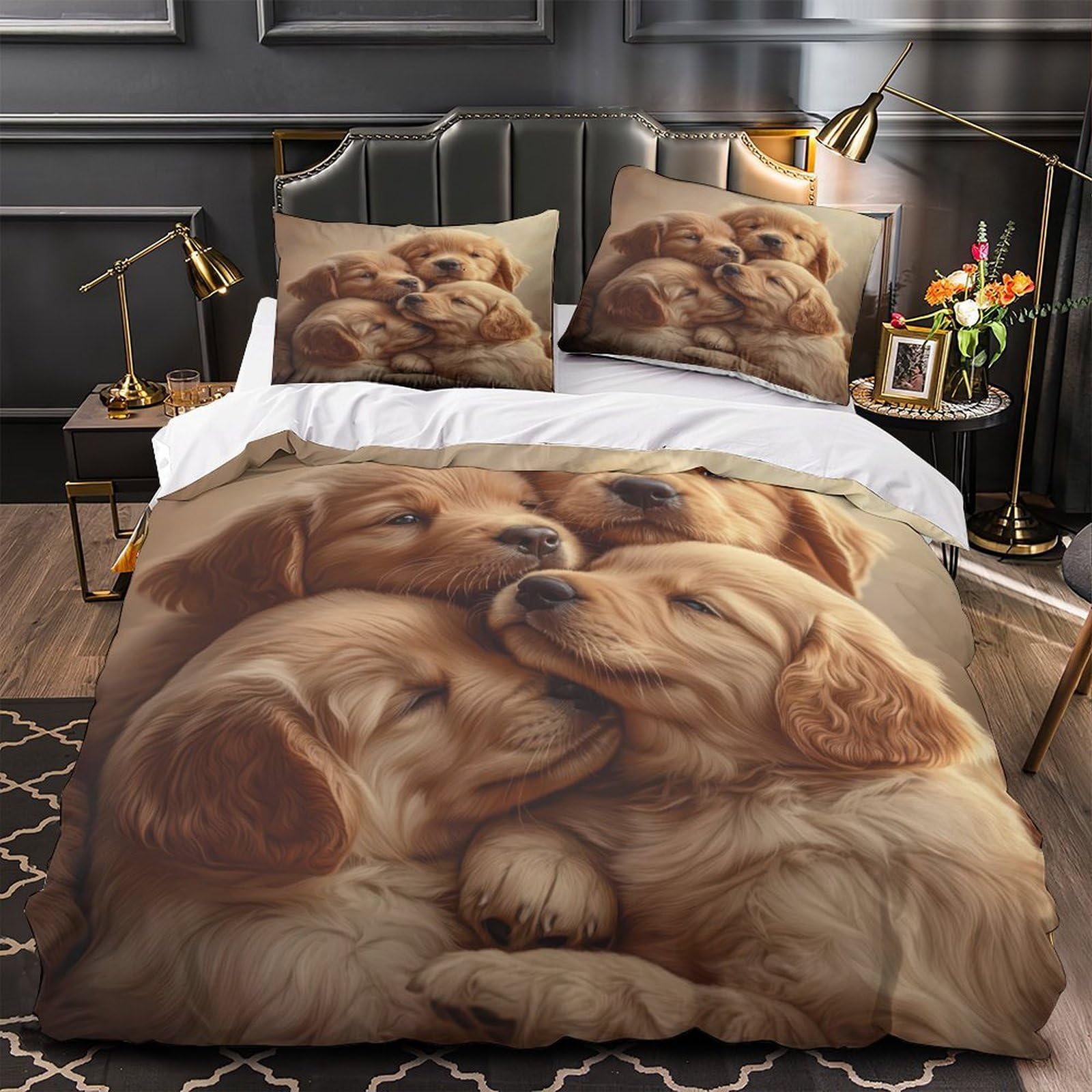 Parure de lit chiots dorés anti-plis et facile à enfiler avec fermeture éclair 140x200