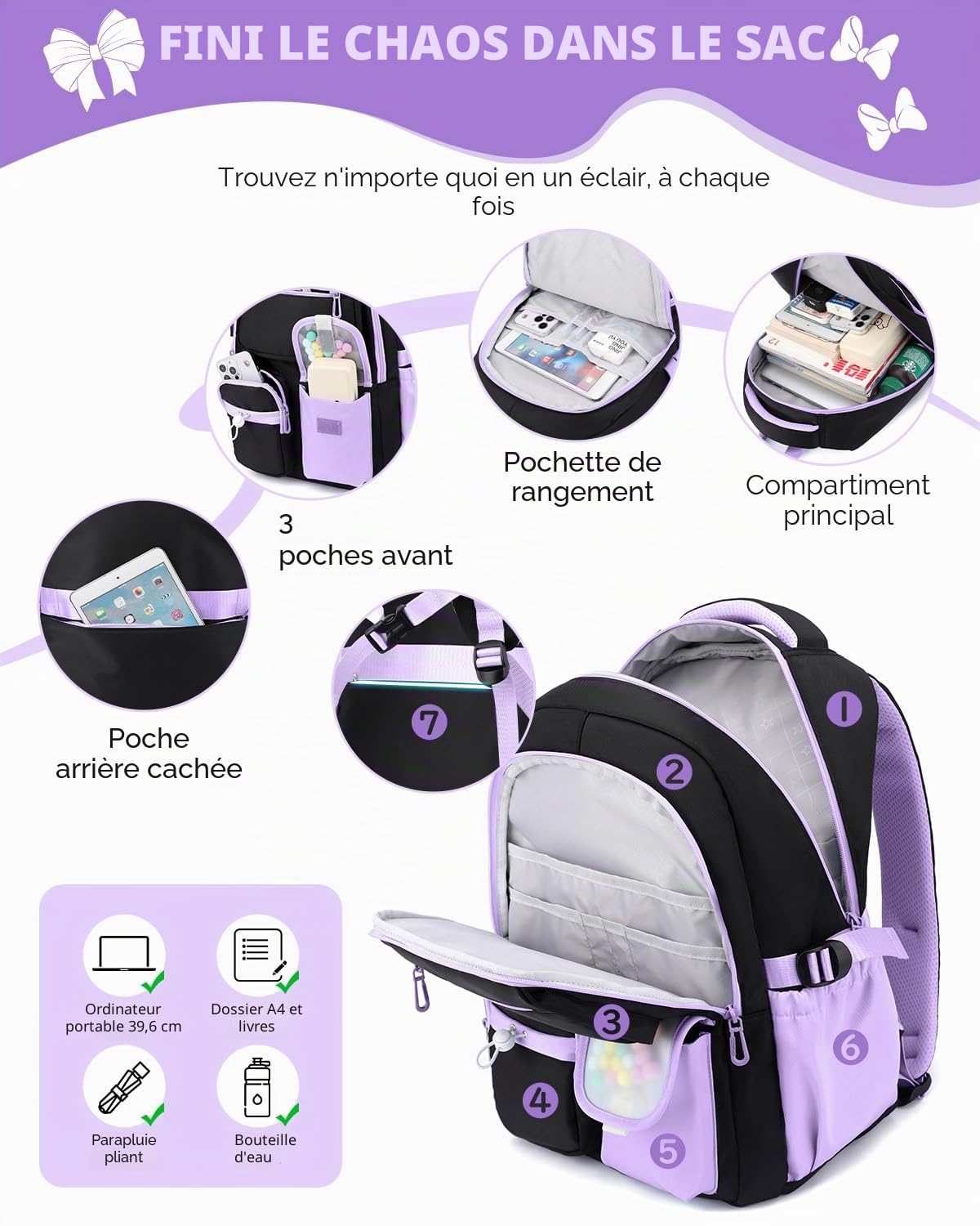Amythe Cartable Fille Collège et Primaire, Sac à Dos Scolaire Adolescentes Léger Imperméable, Grand Sac D'école Fille pour Portable 15.6", Compatible Chariot,10-18 Ans -Violet