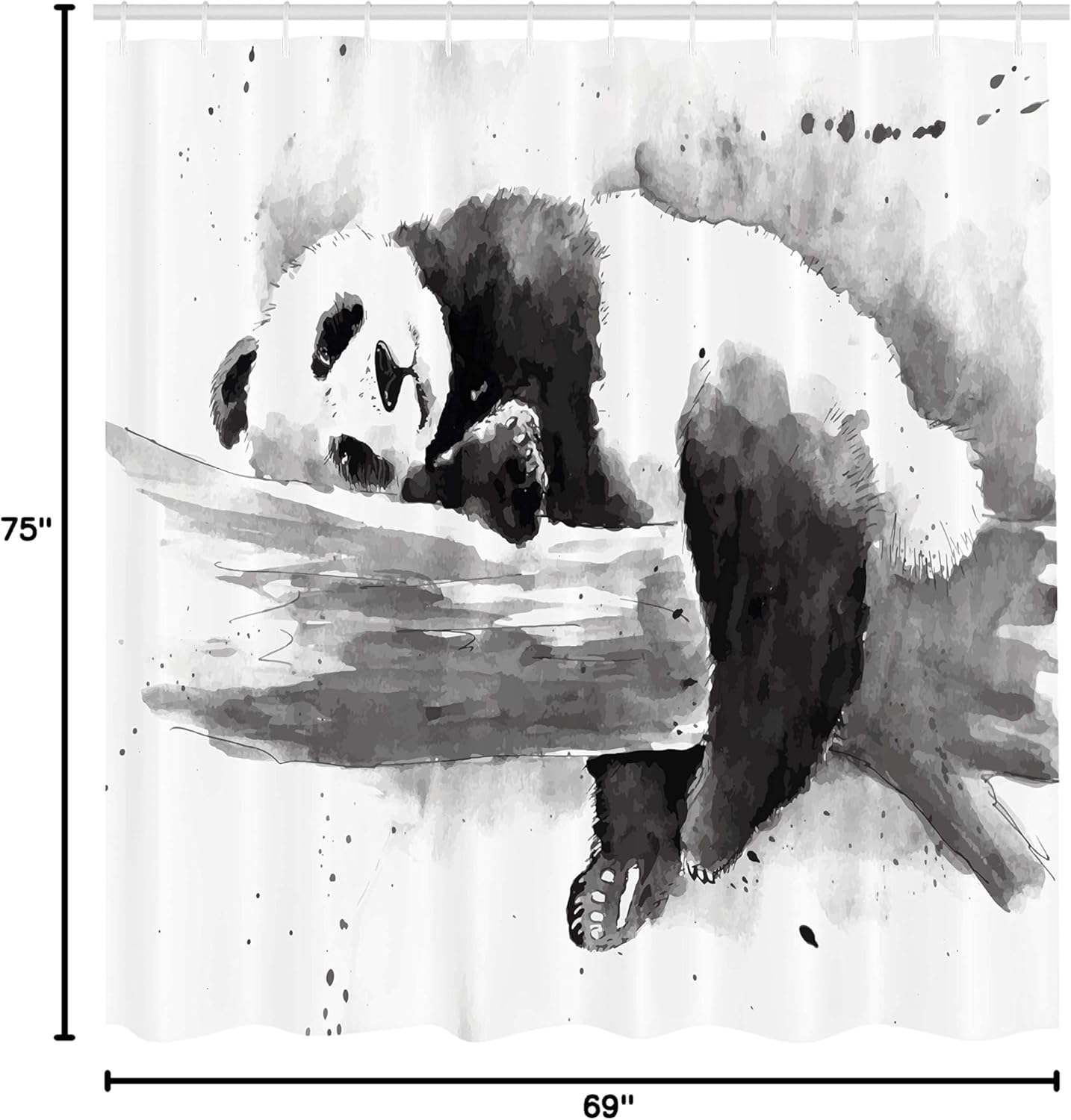Ambesonne Panda Shower Curtain, Panda Lying on a Tree Branch Classic Watercolor Painting Style Art Print, Cloth Fabric Bathroom Decor Set with Hooks, 69" W x 75" L, White Charcoal Grey