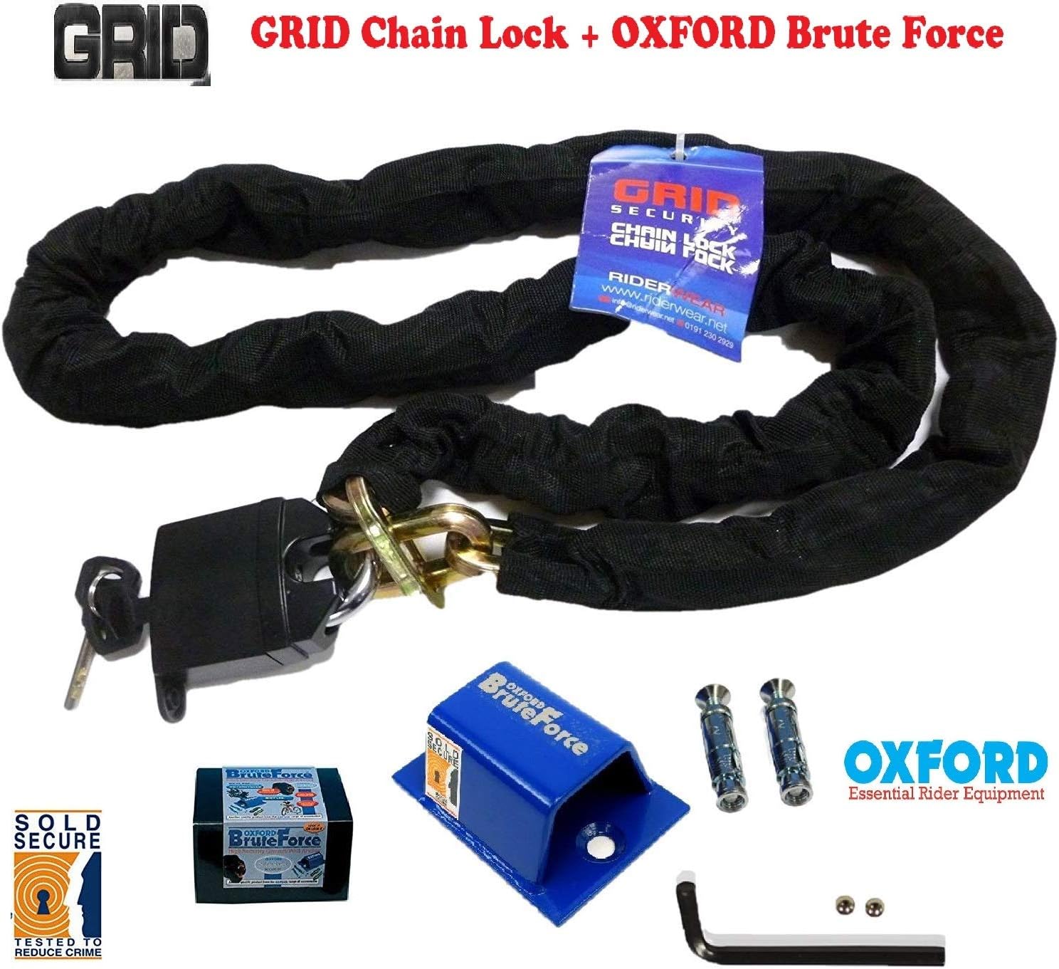 MOTORBIKE GRID SECURITY CHAIN & PAD LOCK 180 cm With Motorcycle Safety Oxford Brute Force Ground Anchor
