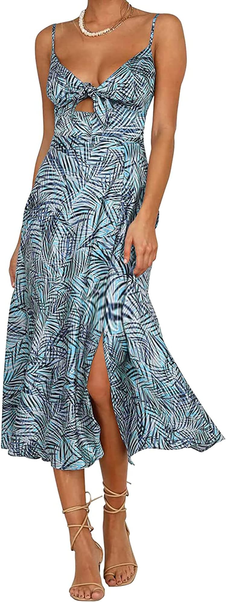 Fashionme Women Spaghetti Strap Midi Satin Dresses Tie Front Backless Split Hollow Dress