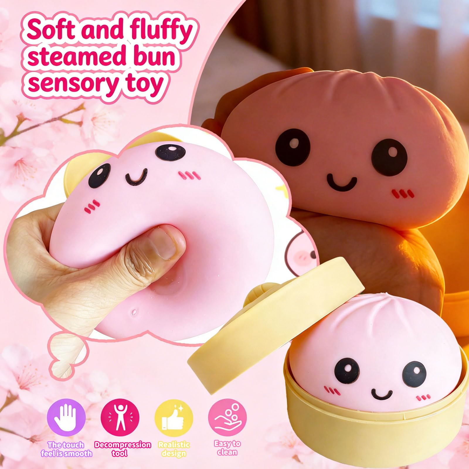 Dumpling Squishy Mystery Box, Super Soft Slow Rising TPR Tear-Resistant Smiley Face Dumpling Toy, Fidget Sensory Toys for Easter Basket Stuffers, Parties, Classroom Prizes Adults Kids（Pink） — view 3