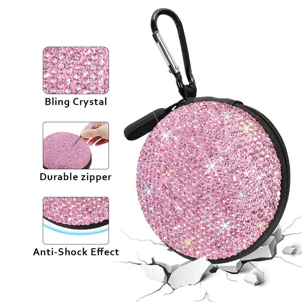 SAVORI Earphone Case Earbuds Small Carrying Cases Bling Rhinestone Crystal Portable Headphone Organizer Storage Pouch Bag with Carabiner 1 Pack (Pink)