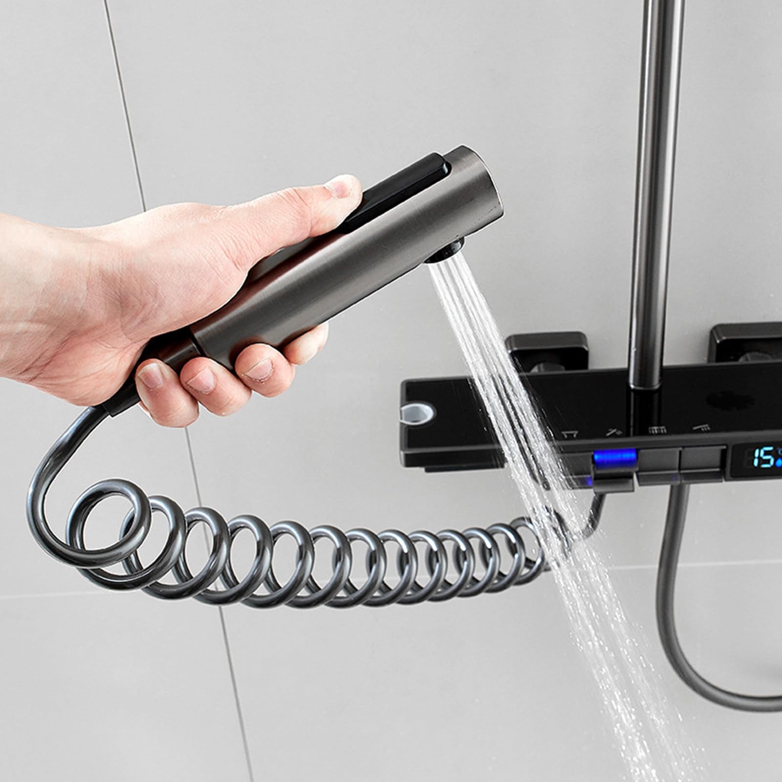 Set Rubinetto Doccia Grigio con Display della Temperatura, Miscelatore a 4 funzioni, soffione a Pioggia, doccetta, doccetta Bidet, beccuccio per Vasca.