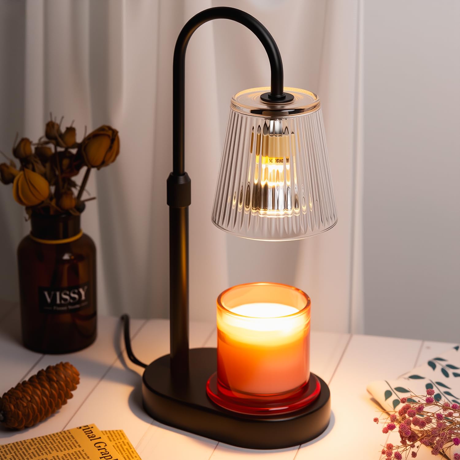 Candle Warmer Lamp with Timer: Electric Wax Melter - Adjustable Height And Brightness Jar Candles Flameless Burner Suitable Various Holiday Warming Gifts with 2 Bulbs Black Base