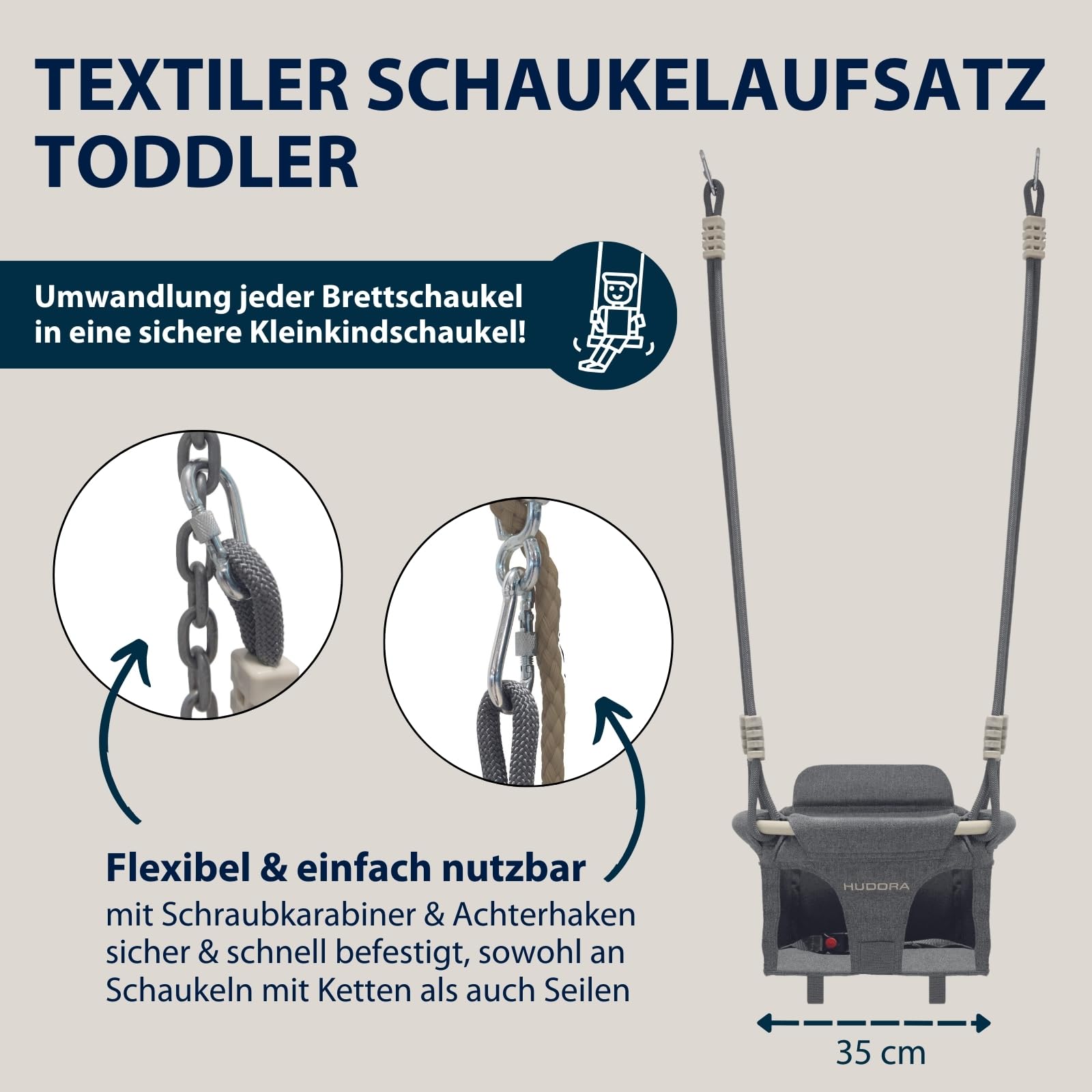HUDORA Schaukelaufsatz Toddler - Hochwertige Babyschaukel inkl. Transporttasche - Stabile Outdoor-Schaukel mit gepolsterter Rückenlehne & Anschnallgurt - Kleinkind-Schaukelsitz bis 12 kg belastbar