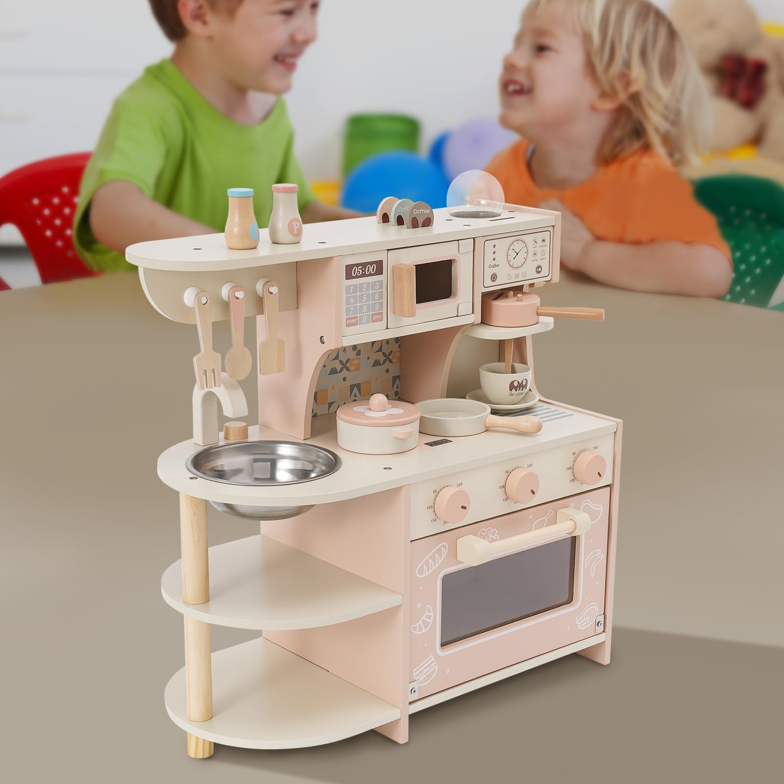 Cocina de juguete de madera para niños con estufa y cafetera, juguete de madera no tóxico, juego de rol compacto para niños pequeños juegos de rol en casa