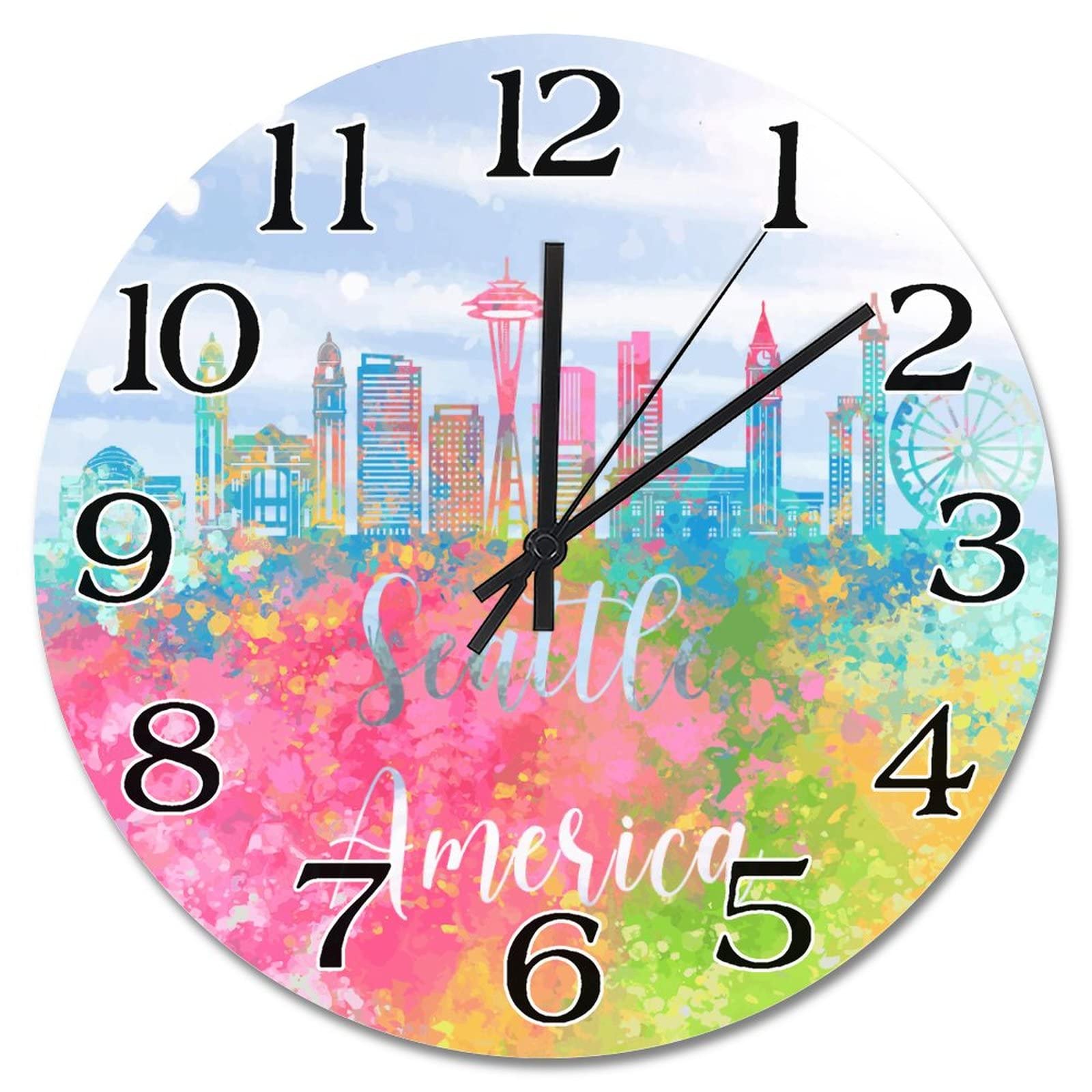 Horloge murale en bois avec silhouette d'horizon de Seattle