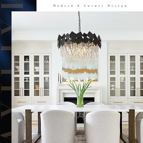 Miniatura 5 de Candelabros modernos de cristal de 24 pulgadas, lámpara redonda negra de lujo K9, lámpara de techo de cristal de tambor empotrado, lámpara