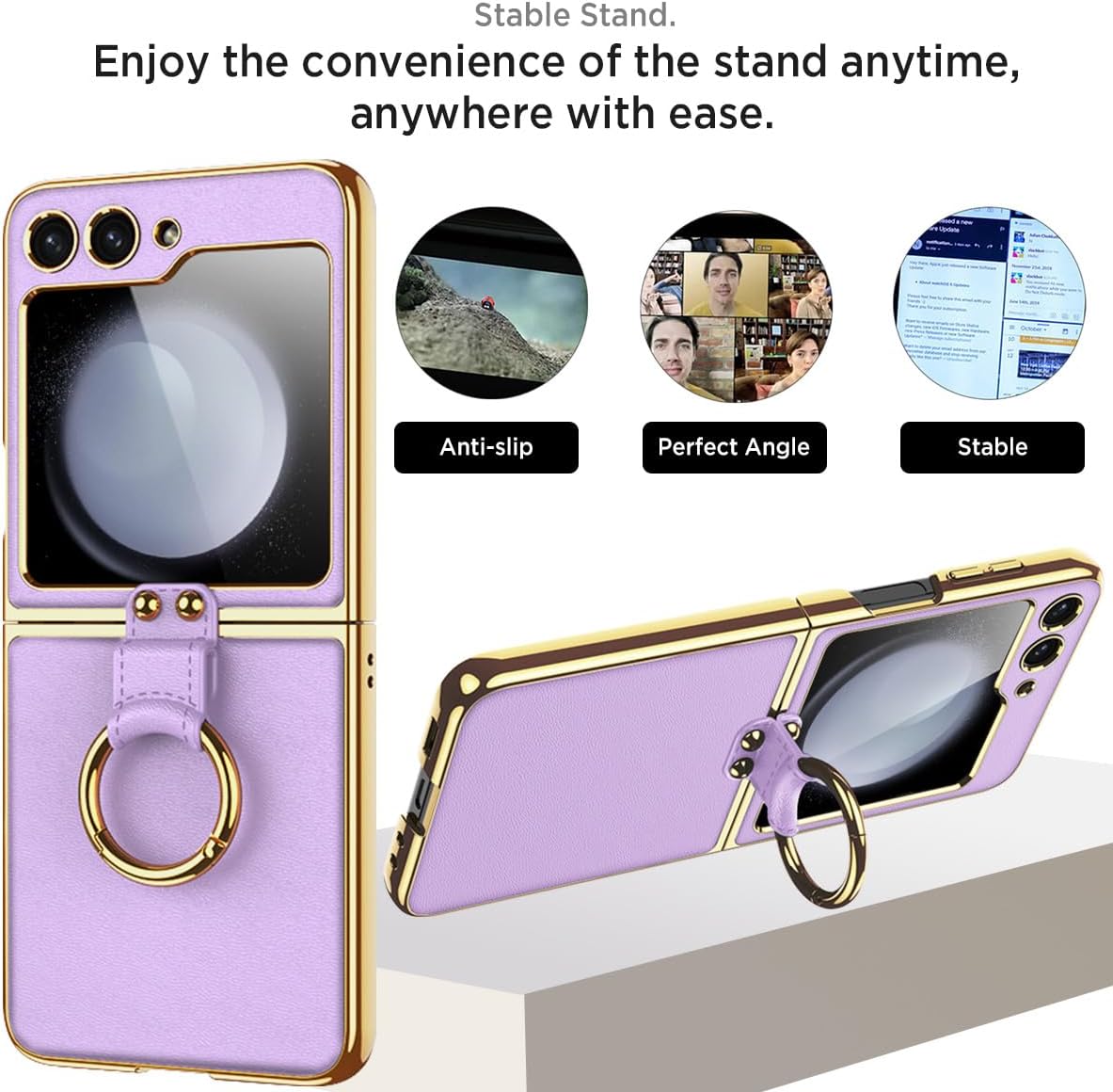 Miimall Crossbody for Z Flip 5 Case with Ring and Screen Protector, Ultra Slim Matte Leather Wear-Resistant Shockproof Anti-Slip Foldable Cover Case for Samsung Z Flip 5 Purple