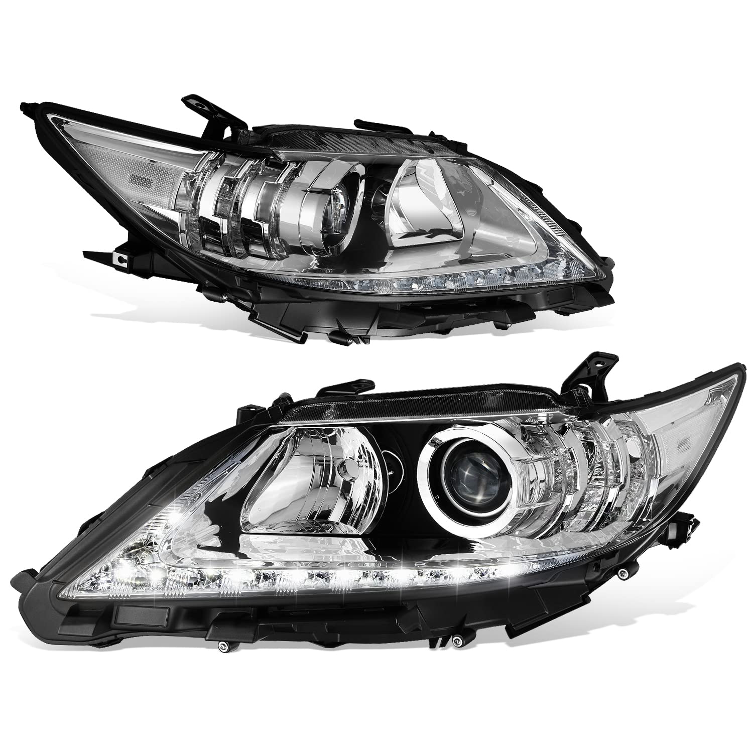 Auto Dynasty LED DRL Headlights Assembly Compatible with 2013 2014 2015 Lexus ES300H ES350, Pair of Halogen Headlamps Replacement w/LED Lighting Strip, Projector Low Beam, Chrome Housing Clear Corner
