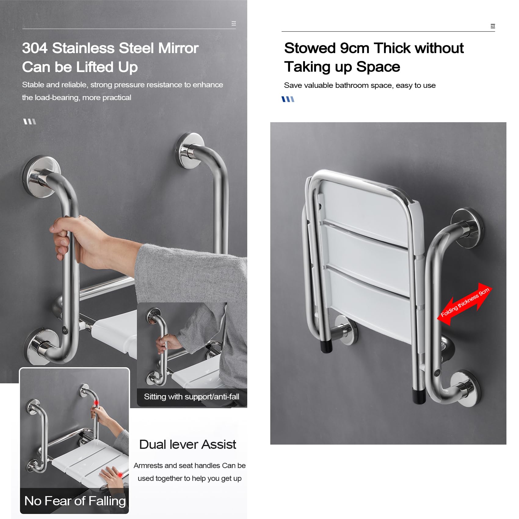Asiento de ducha plegable, montado en la pared con reposabrazos, hecho de acero inoxidable 304, taburete de baño abatible para personas mayores y discapacitados, dispositivo de asistencia de seguridad
