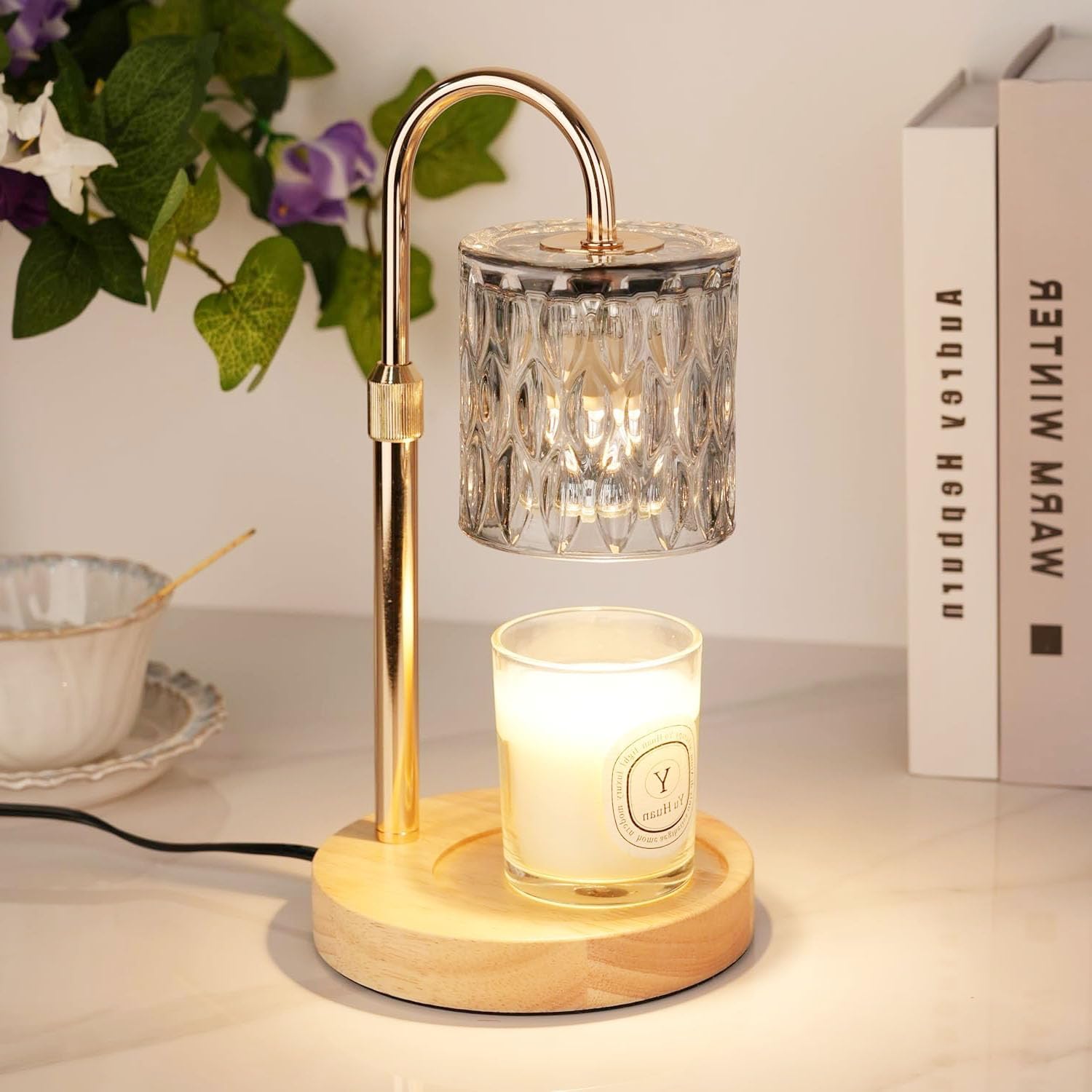 HAIDOLIANG Candle Warmer Lamp with Timer and Dimmer, Height and Brightness Adjustable,Glass Electric Wax Warmer with 2 Bulbs for Women Mom Gifts, Home Decor for Scented Jar Candles (Yellow)