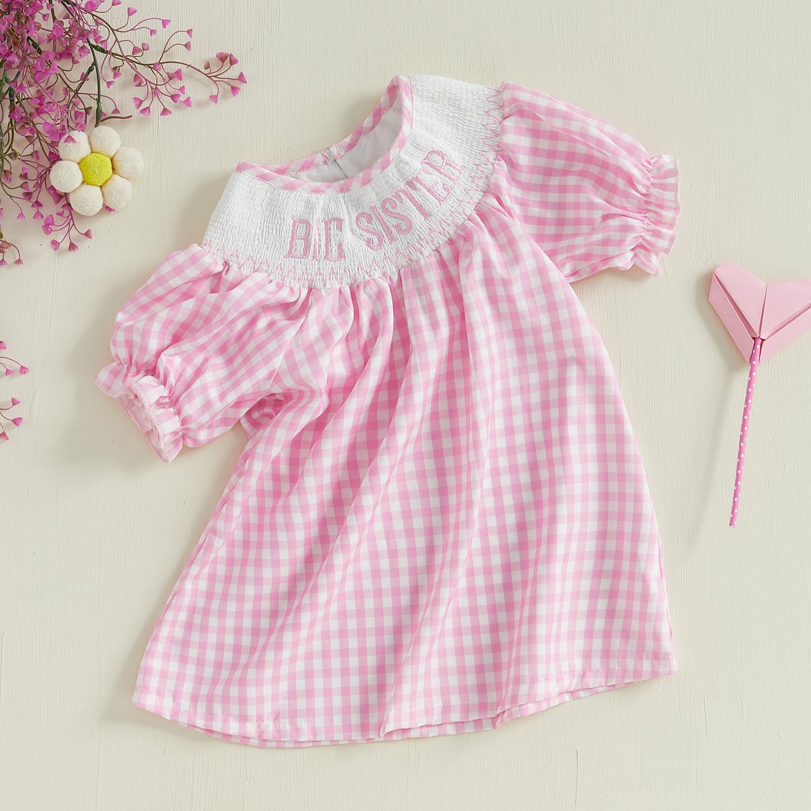 Toddler Girls Smocked Big Sister Dress Short Sleeve Plaid Letter Embroidery Bubble A-line Pink Bishop Dresses (Pink, 18-24 Months)
