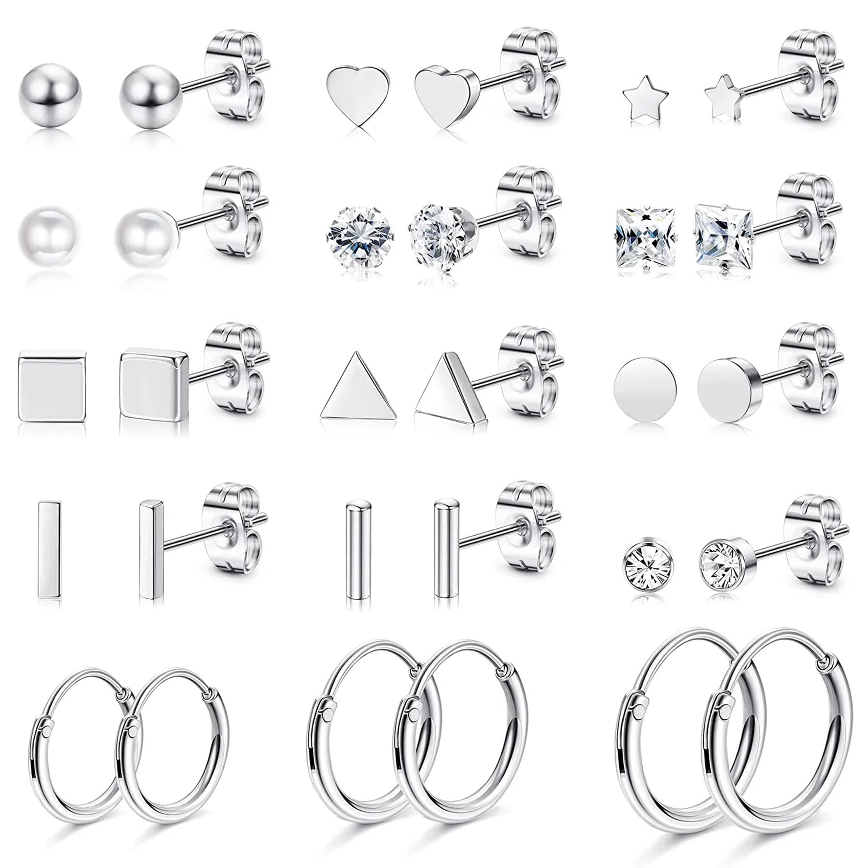 Finrezio15-21 Pares Pendientes Acero Inoxidable para Mujer Aretes Pendientes Cartílago Pendientes CZ Hipoalergénicos Pendientes Perlas Bola Redondos Estrella Juego Pendientes