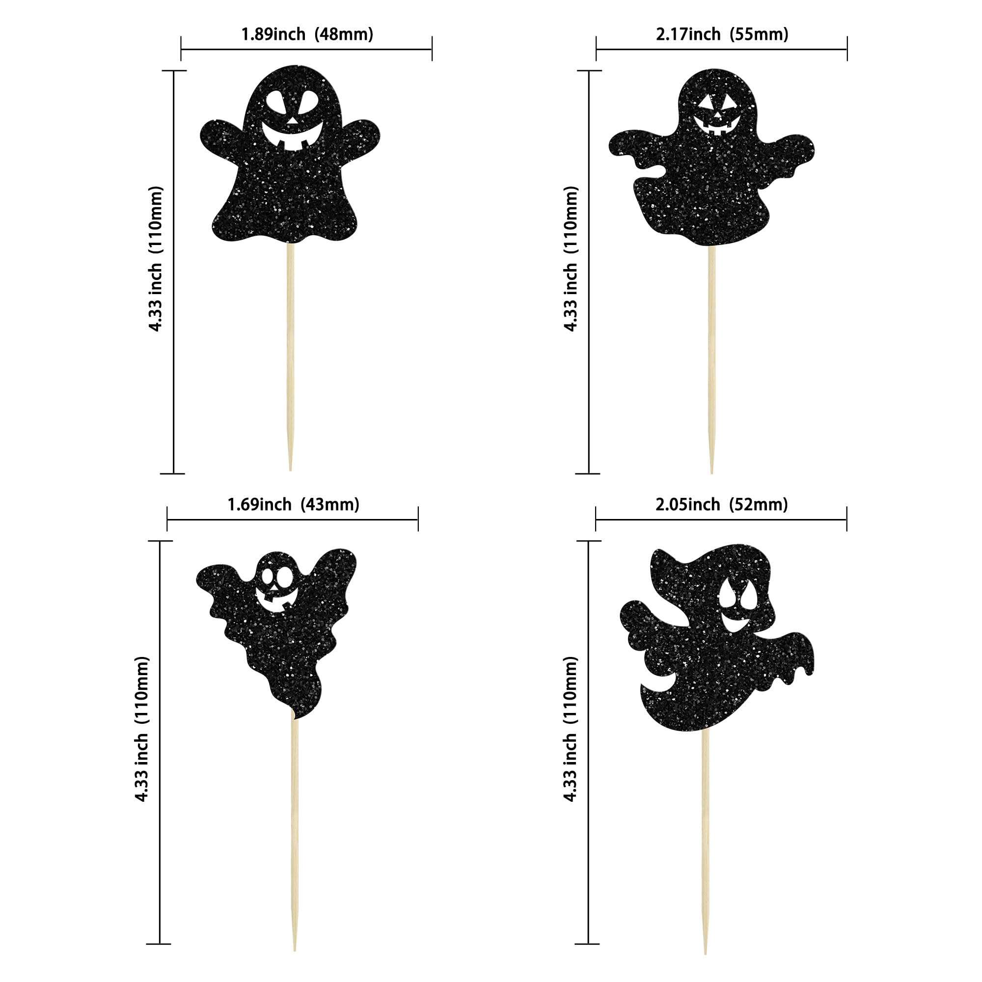 Gyufise 24pcs Halloween Ghost Cupcake Toppers - Black Glitter, Baby Shower & Gender Reveal Decorations
