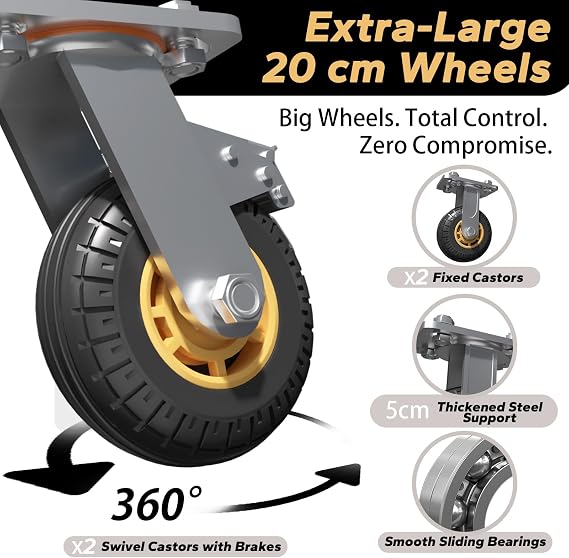 4-Wheel Heavy Duty Trolley 1000 kg Capacity, Platform Trolley with 20 cm Braked Wheels Large Flatbed for Moving Furniture, Appliances & Warehouse Gear, Folds for Compact Garage Storage