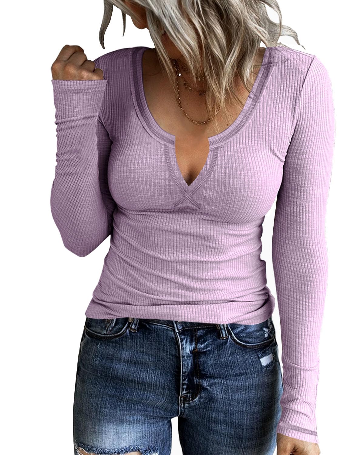 Women Long Sleeve Scoop Neck Casual T-Shirt Basic Ribbed Tops