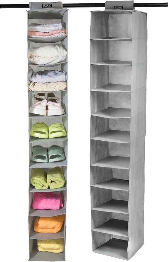 Boxy Concepts 10-Shelf Hanging Hat Organizer for Baseball Caps - Grey Contemporary Fabric - Space-Saving Baseball Cap Organizer & Closet Storage -