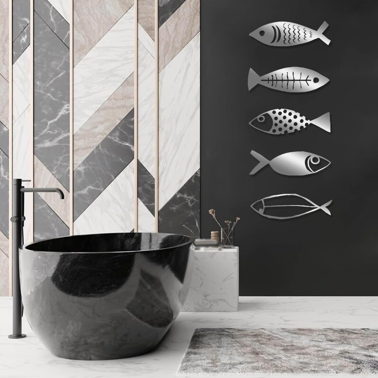 Metalowa, czarna sztuka ścienna z rybą, metalowa, minimalistyczna, oceaniczna, morska dekoracja ścienna, nowoczesna rzeźba z rybą do salonu, sypialni i przedpokoju (złoto, 35" x 15"