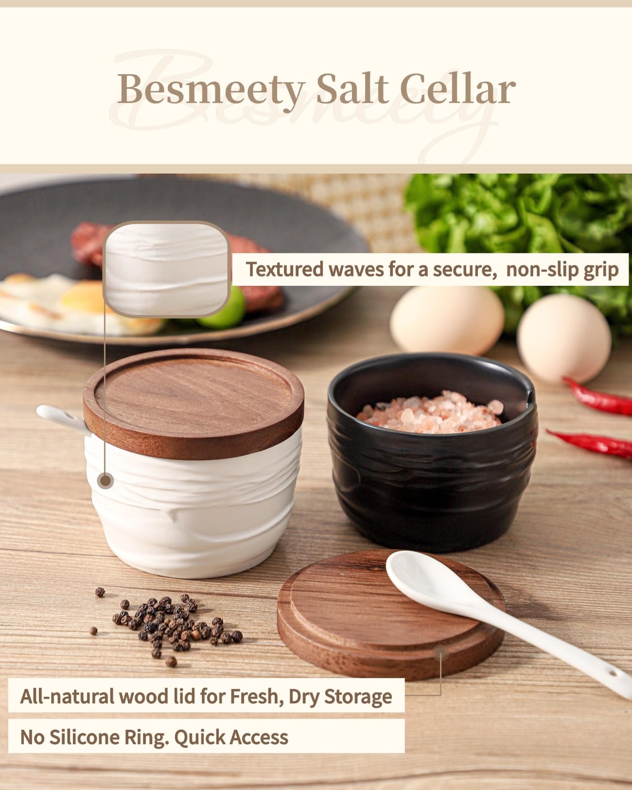 Besmeety Gewürzdosen Keramik 3er Set mit Löffel und Deckel, Gewürzgläser Porzellan Set, Salzdose mit Acacia Holz Deckel, Zuckerdose Keramik, Gewürzbehälter, 250ML (Schwarz, Weiß)