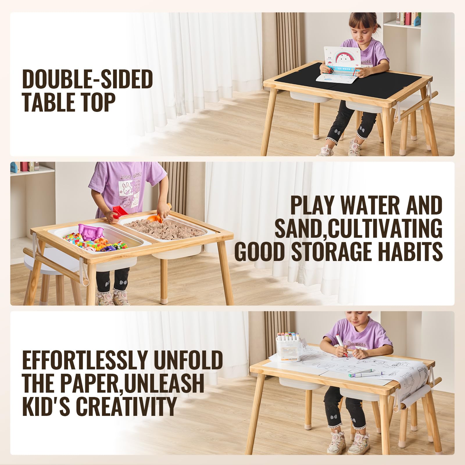 VEVOR Tavolo Sensoriale per Bambini, 2 Contenitori Pieghevoli, Portarotolo di Carta, Tavolo con Sabbia Acqua per Uso Interno Esterno, Tavolo Attività, Tavolo da Disegno Sensoriale in Legno per Bambini