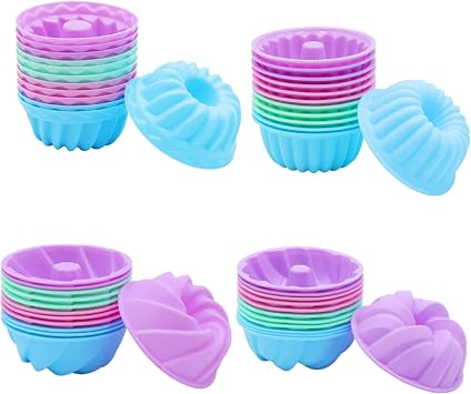 Tongjude 48 Pieces Donut Mold, 2.75" Diameter 0.98" Deep Mini Reusable Baking Cups, Non-Stick, 4 Shape Silicone Molds, Heat Resistant Bakeware for Bagel, Muffin, Jello and Cake Baking