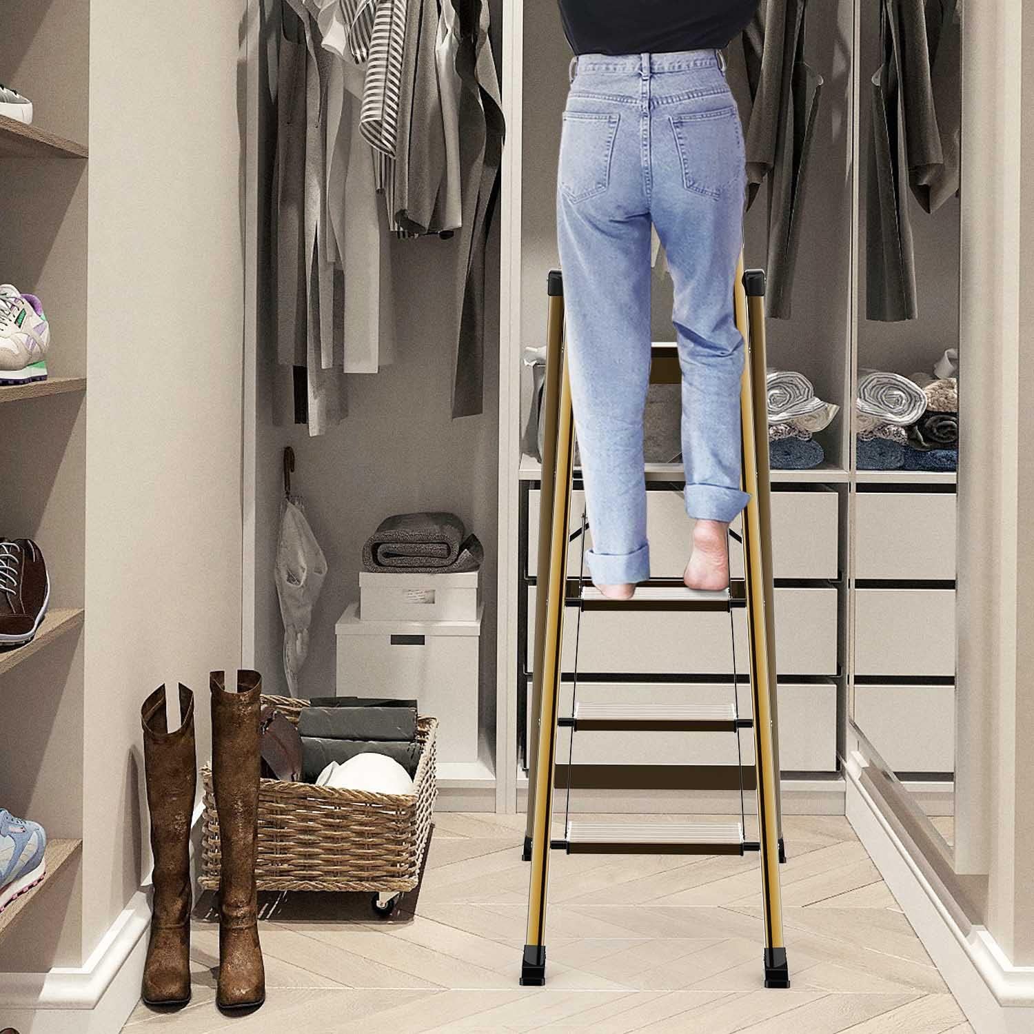 5 Step Ladder, Folding Step Stool, Lightweight Aluminum Foldable Ladder with Anti-Slip Wide Sturdy Pedal and Handgrip, Multi-Use for Home, Library, Office, Garage - Brown Gold (330 lbs Capacity) : Everything Else