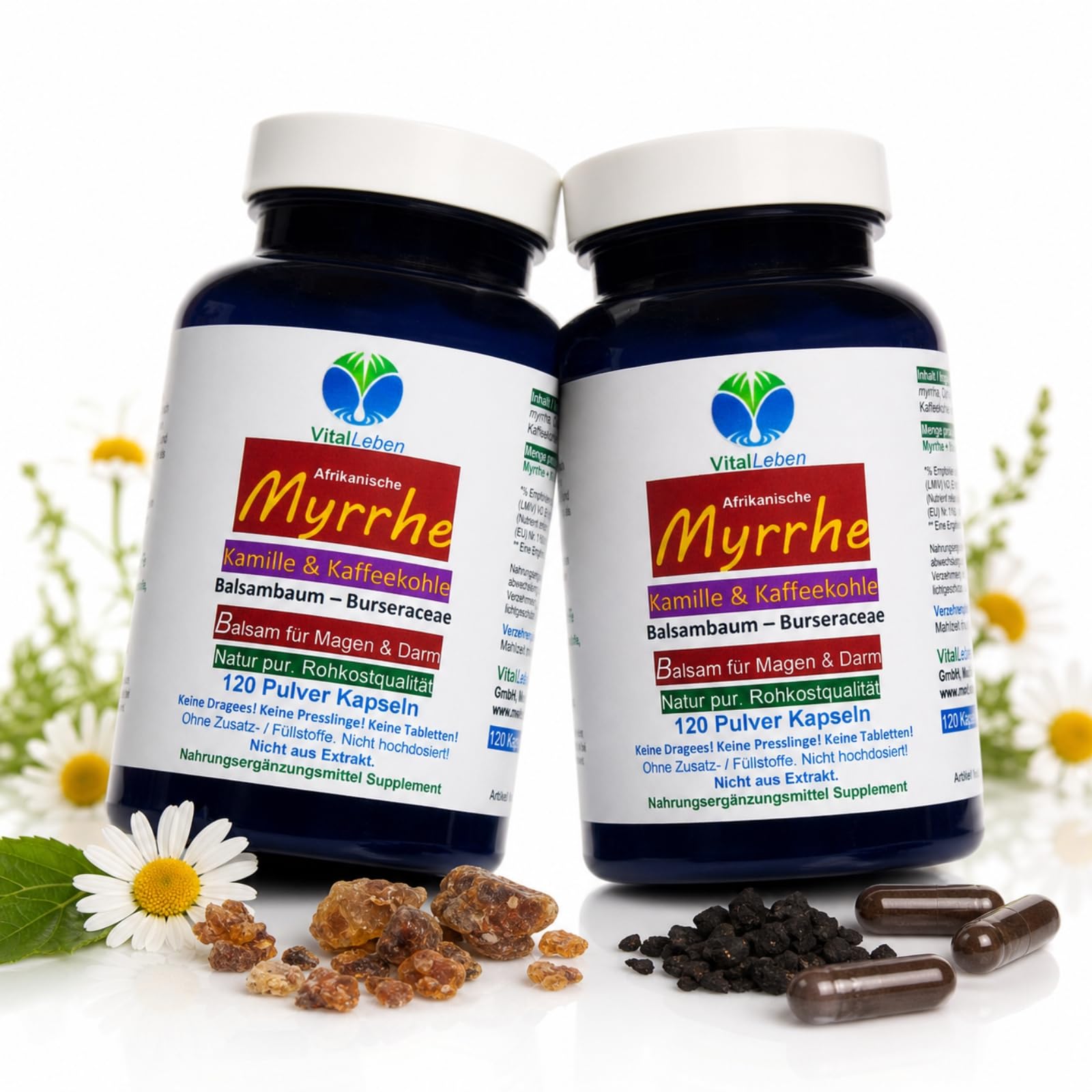MYRRHE + KAMILLE + KAFFEEKOHLE 240 Pulver Kapseln (2x120) für den gestressten Darm nach AYURVEDA und Hildegard von Bingen - NATUR pur - OHNE ZUSATZSTOFFE [4 Monate] 27160-2