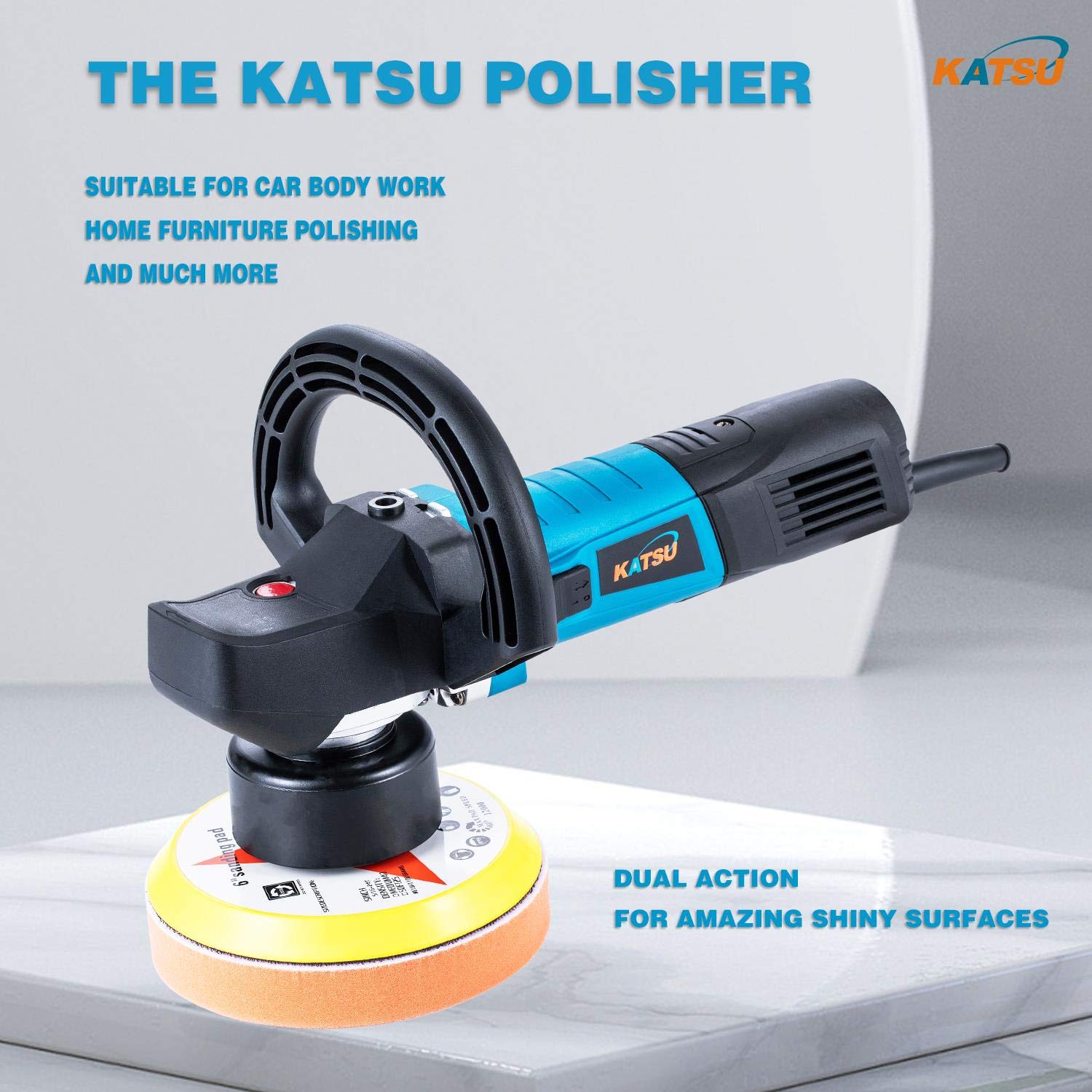 KATSU Pulidora de coche de doble acción, pulidora orbital aleatoria de 850 W y 150 mm, máquina de encerar pulidora pulidora eléctrica, 6 velocidades variables, kit de detalles de coche con juego de