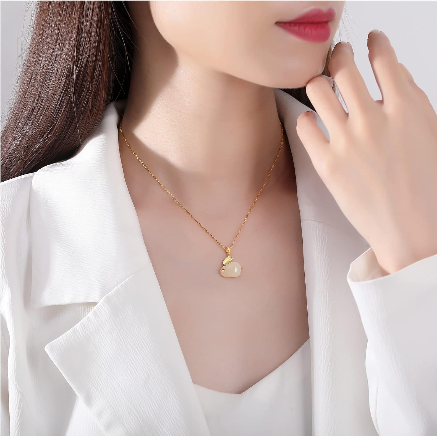 14K Gold Rabbit Necklace for Women - Natural Jade Pendant, Chinese New Year Jewelry Gift - Image 3