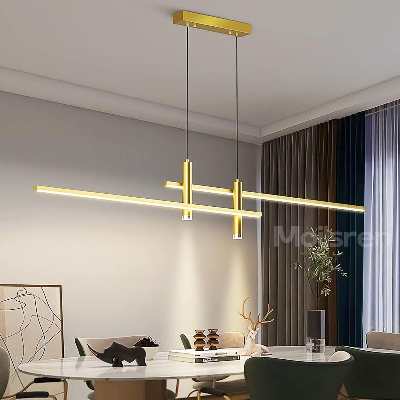 Modern LED Dimmable Pendant Light, Dining Table Lights Ceiling, Linear Chandeliers Height Adjustable, Black Kitchen Island Lights with Remote Control for Dining Room Kitchen Bar (Gold, 100cm)