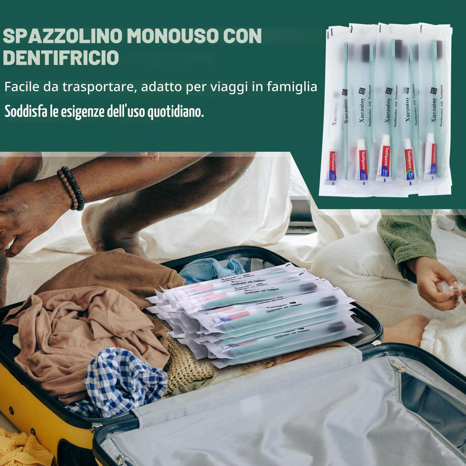 Spazzolini da Denti Monouso,100 Set Verde Confezionati Singolarmente Spazzolino da Denti Usa e Getta con Dentifricio Alla Rinfusa per Senzatetto,Casa di Cura,Hotel,Beneficenza,Viaggio