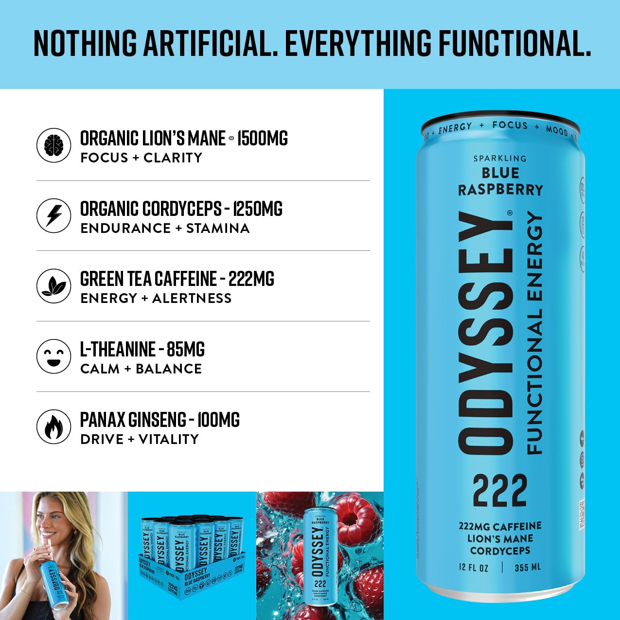 Odyssey Functional Energy Drink for Focus, Cognition & Mood Support 12 Pack - Adaptopgenic Drink with 222mg Green Tea Caffeine, Lionโs Mane, Cordyceps, L-Theanine & Ginseng - Sparkling Blue Raspberry