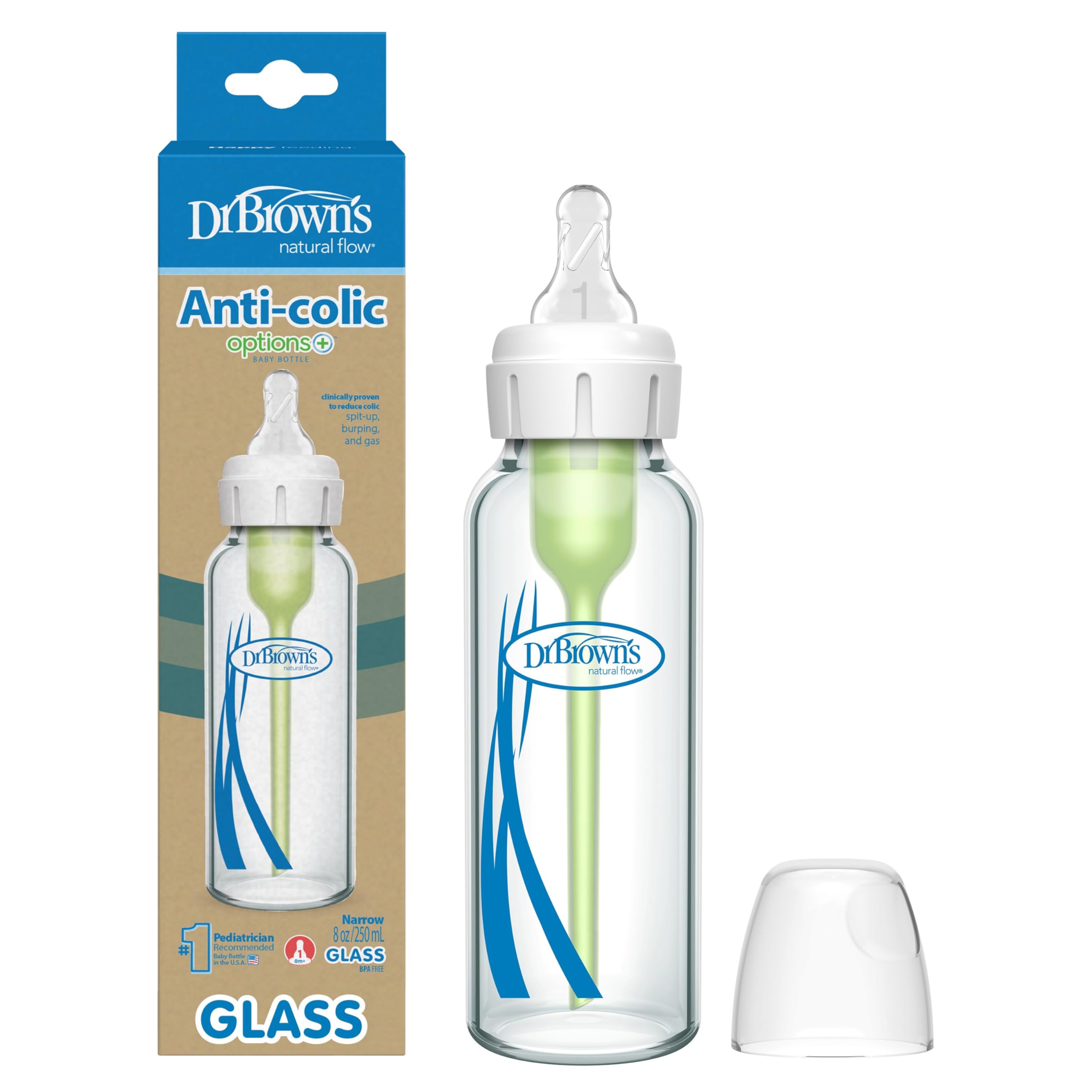Natural Flow Options+ Narrow Neck Glass Baby Bottle, 8oz / 250ml