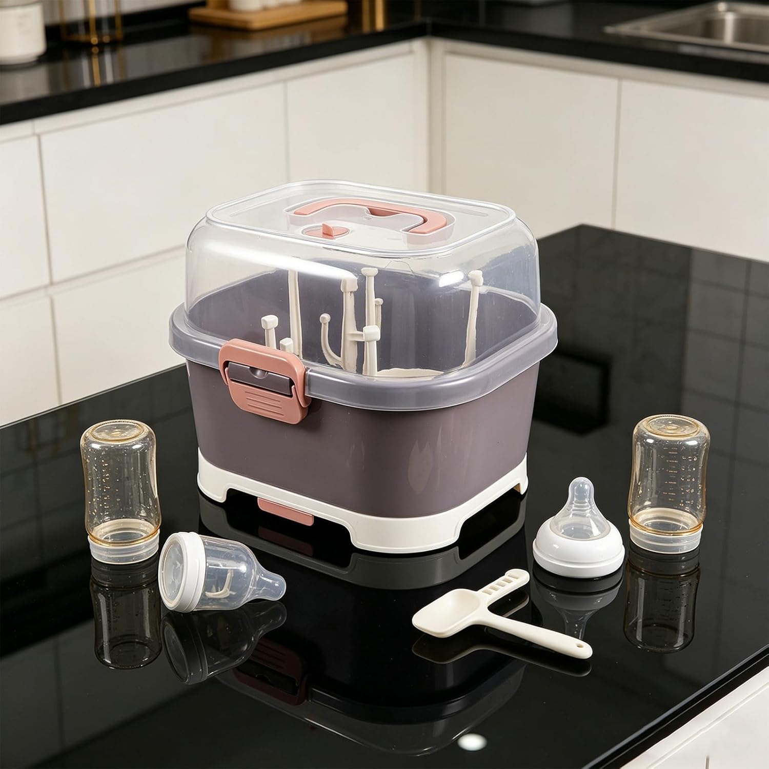 ERINGOGO Baby Bottle Organizer Drying Rack Container with Anti-dust Cover Feeding Bottle Storage Box with Drain Tray Countertop Dryer Easy to Clean & Carry for Home Travel Outdoor