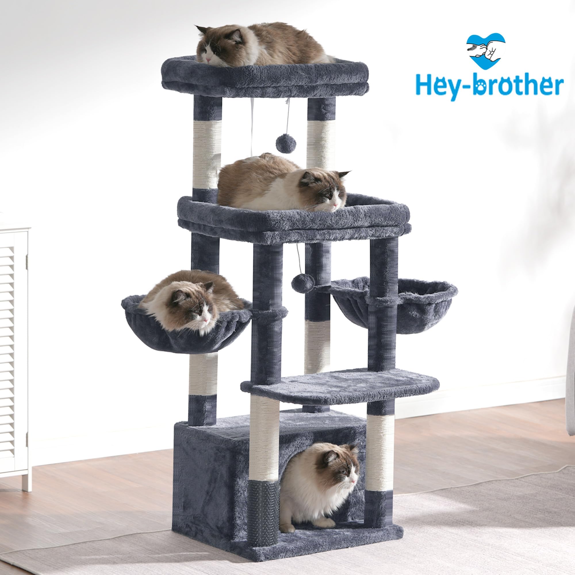 Hey-brother Árbol para Gatos, Rascador para Gatos Grandes y Maine Coons, multinivel Estable con 2 Amplio Plataformas, 2 cestas, Cueva Grande y Máquina peinadora, Gris Humo EMPJ070G