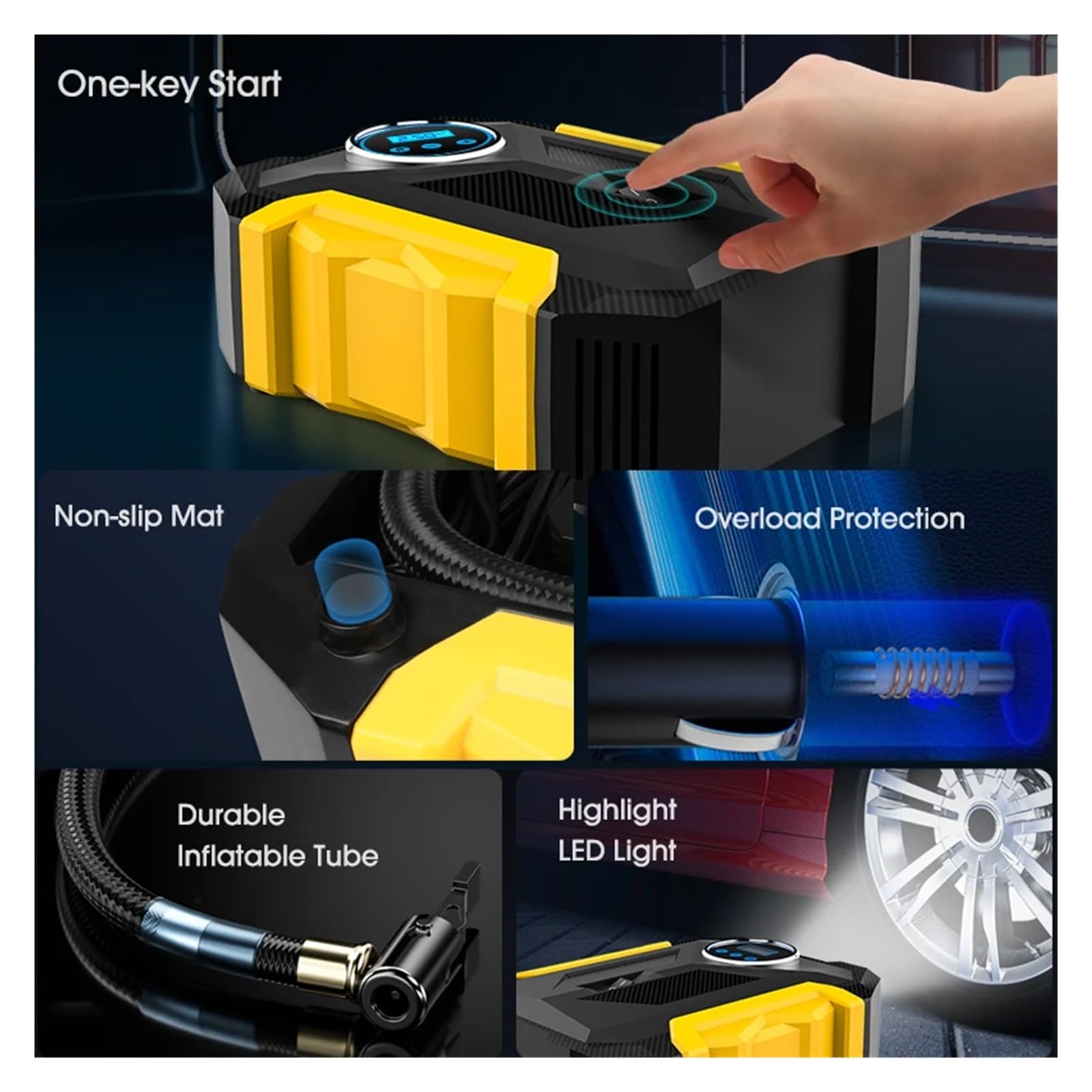 Przenośna Samochodowa Sprężarka Powietrza Cyfrowa Pompka Do Pompowania Opon Lampa LED Pompa Kompresyjna Kompresor Motocykli Samochodowych Natychmiastowa Inflacja(Yellow)