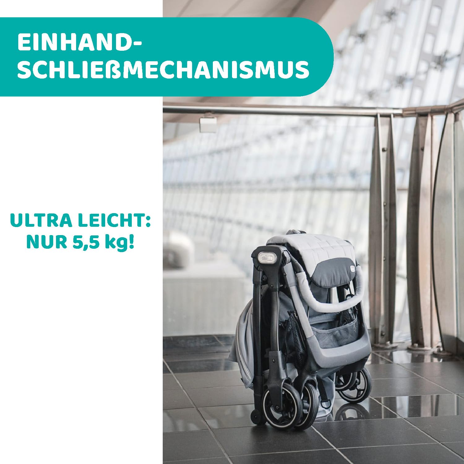 Chicco We Kinderwagen, faltbar, ultraleicht, ab Geburt bis 22 kg, Reise-Kinderwagen, ultra-kompakter, neigbar, EinHand-Verschluss, gepolsterte Schultergurte, Tasche und Regenschutz, Schwarz