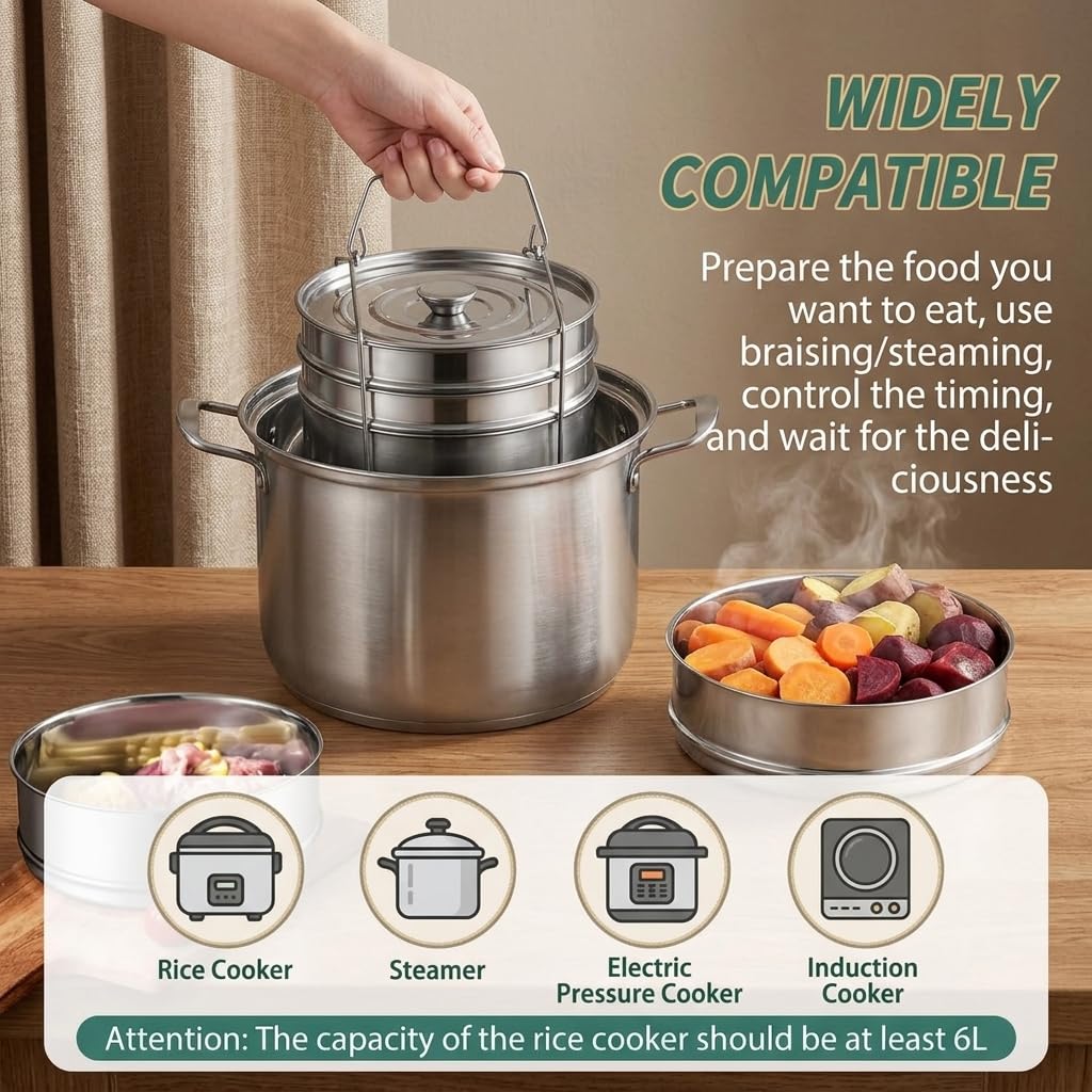 Stackable Stainless Steel Insert Pans, 6Qt Instant Pots Accessories 3 Tier Steamer Cooker Pot Set Cook Food Pressure Pot Accessories